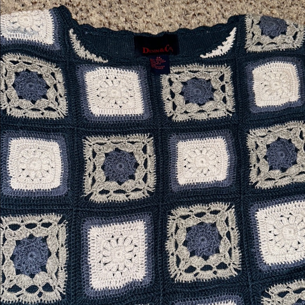 Crochet sweater. Denim&Co Blue and Cream Crew Neck